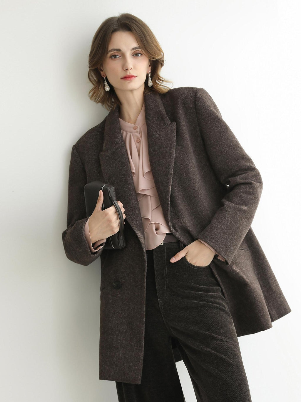 COCOBELLA Petal Pink French Ruffle Collar Button Straight Fit Women Long Sleeve Shirts