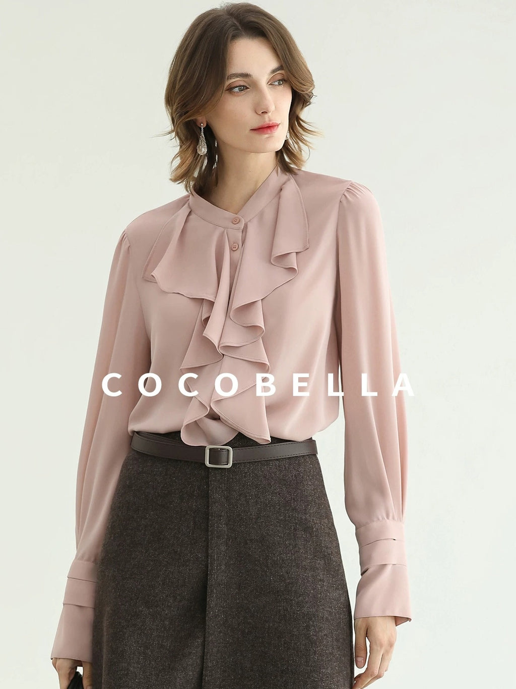COCOBELLA Petal Pink French Ruffle Collar Button Straight Fit Women Long Sleeve Shirts