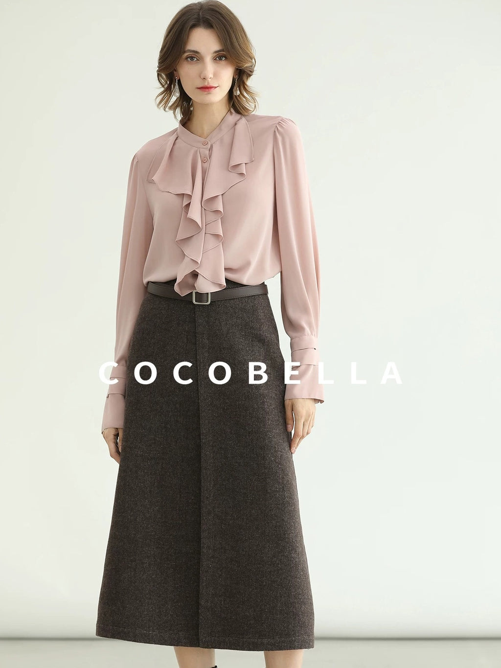 COCOBELLA Petal Pink French Ruffle Collar Button Straight Fit Women Long Sleeve Shirts