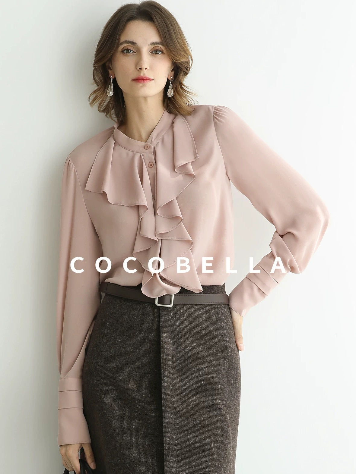 COCOBELLA Petal Pink French Ruffle Collar Button Straight Fit Women Long Sleeve Shirts