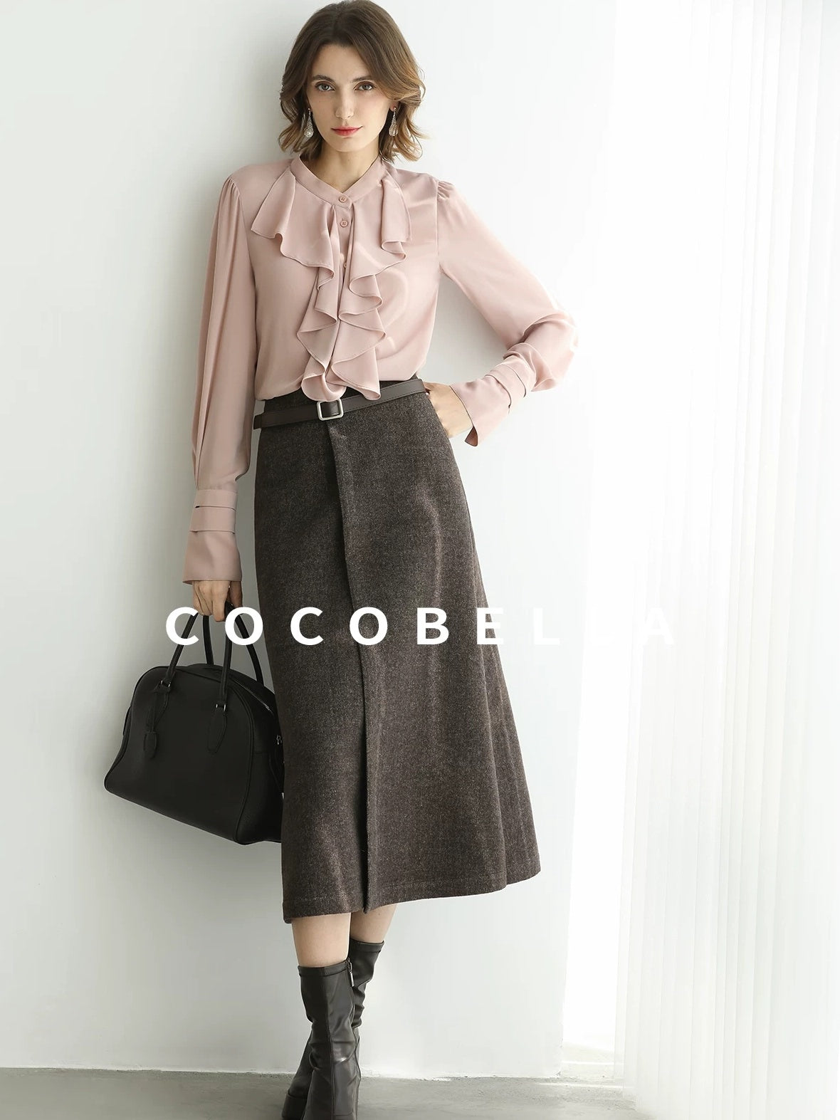 COCOBELLA Petal Pink French Ruffle Collar Button Straight Fit Women Long Sleeve Shirts