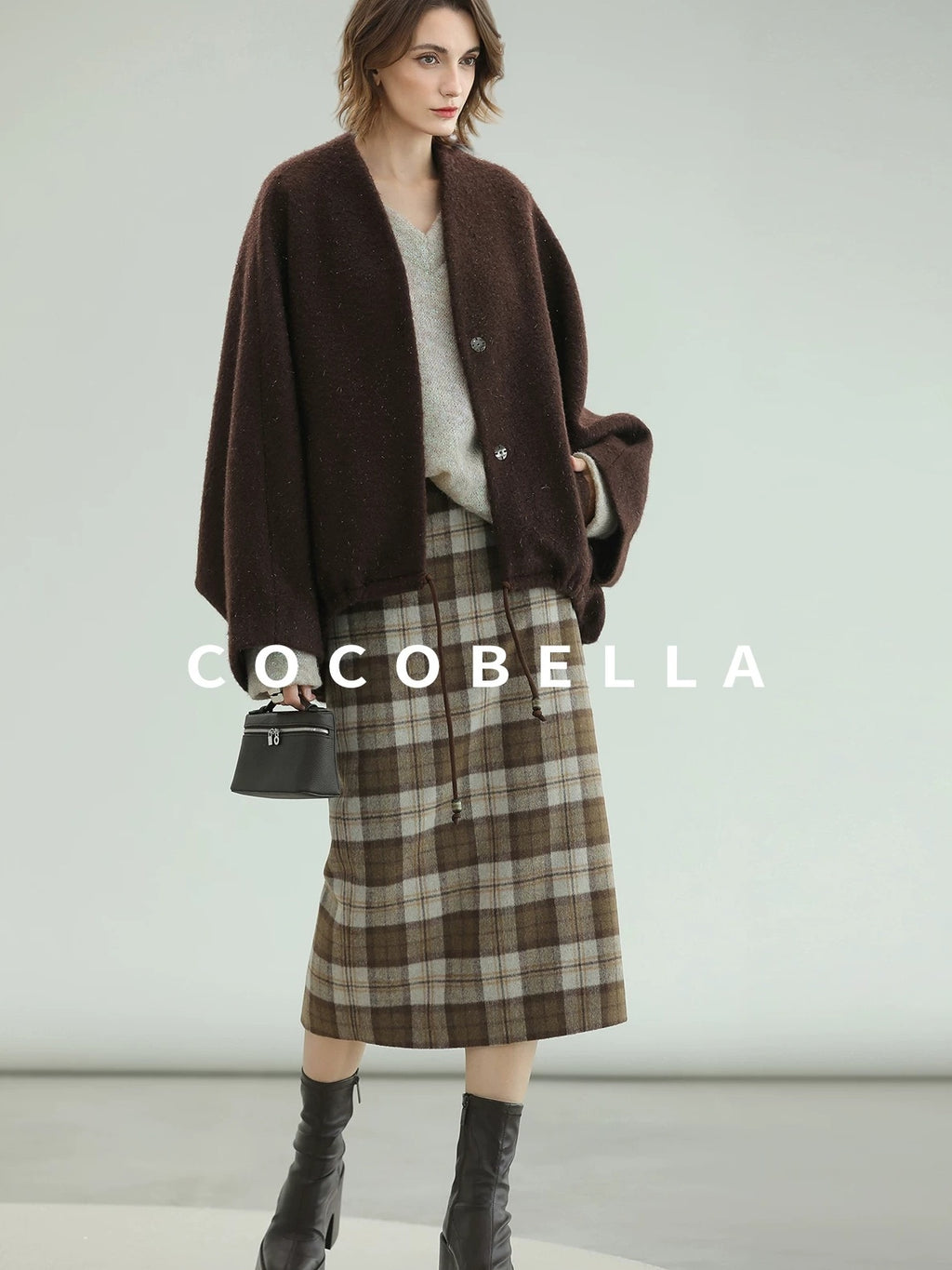 COCOBELLA Plaid High Waist Lined Patchwork Straight Ol Office Women Midi Wool Blend Skirts