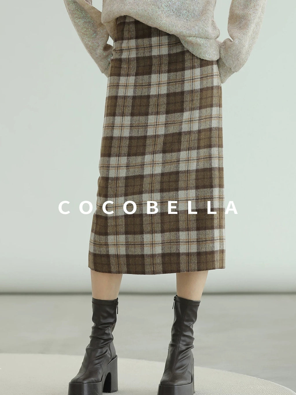 COCOBELLA Plaid High Waist Lined Patchwork Straight Ol Office Women Midi Wool Blend Skirts