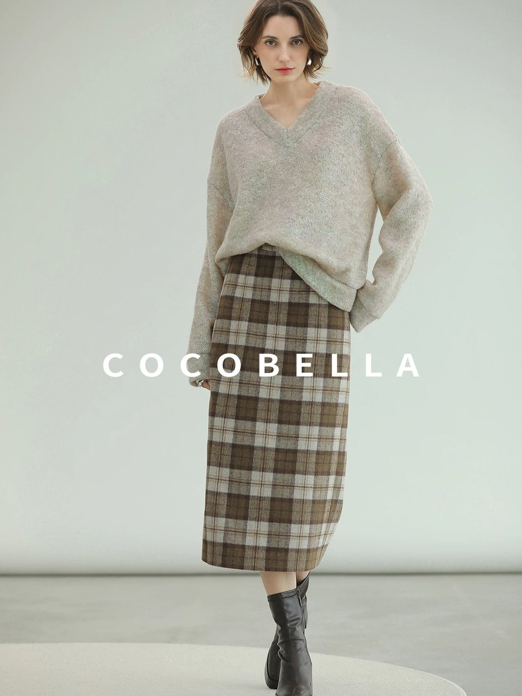 COCOBELLA Plaid High Waist Lined Patchwork Straight Ol Office Women Midi Wool Blend Skirts