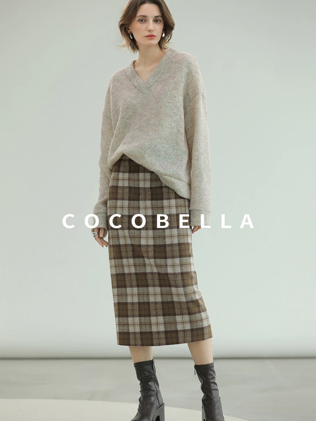 COCOBELLA Plaid High Waist Lined Patchwork Straight Ol Office Women Midi Wool Blend Skirts
