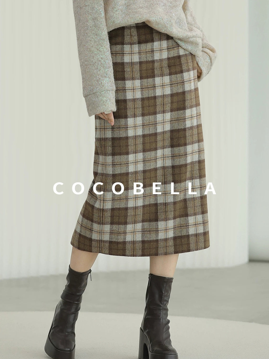 COCOBELLA Plaid High Waist Lined Patchwork Straight Ol Office Women Midi Wool Blend Skirts