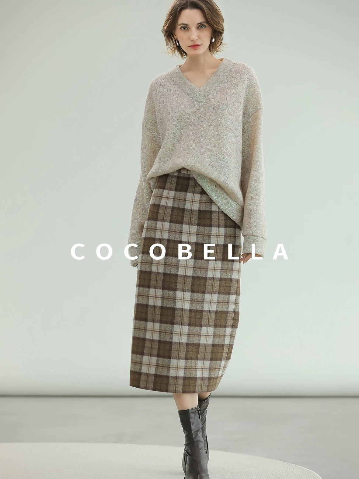 COCOBELLA Plaid High Waist Lined Patchwork Straight Ol Office Women Midi Wool Blend Skirts