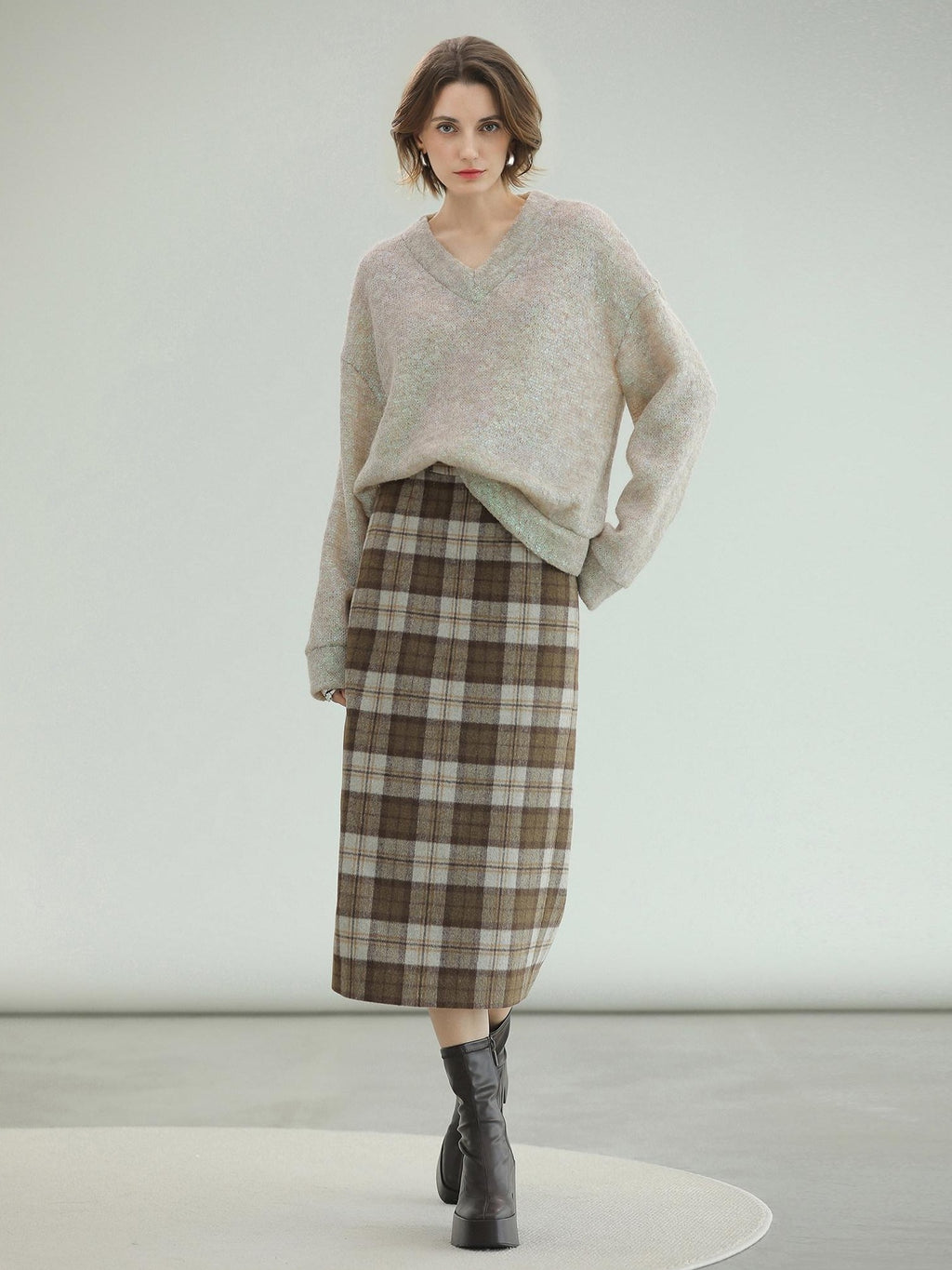 COCOBELLA Plaid High Waist Lined Patchwork Straight Ol Office Women Midi Wool Blend Skirts