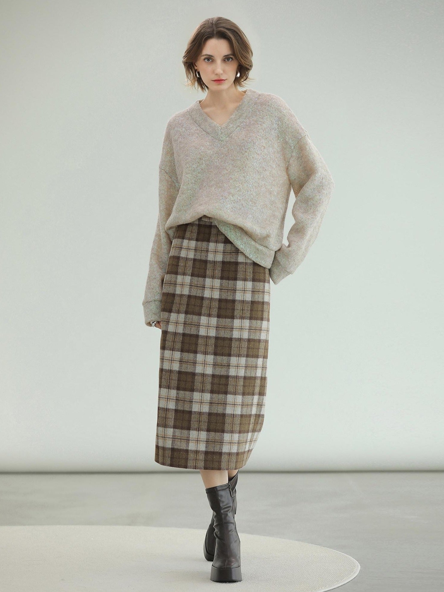 COCOBELLA Plaid High Waist Lined Patchwork Straight Ol Office Women Midi Wool Blend Skirts