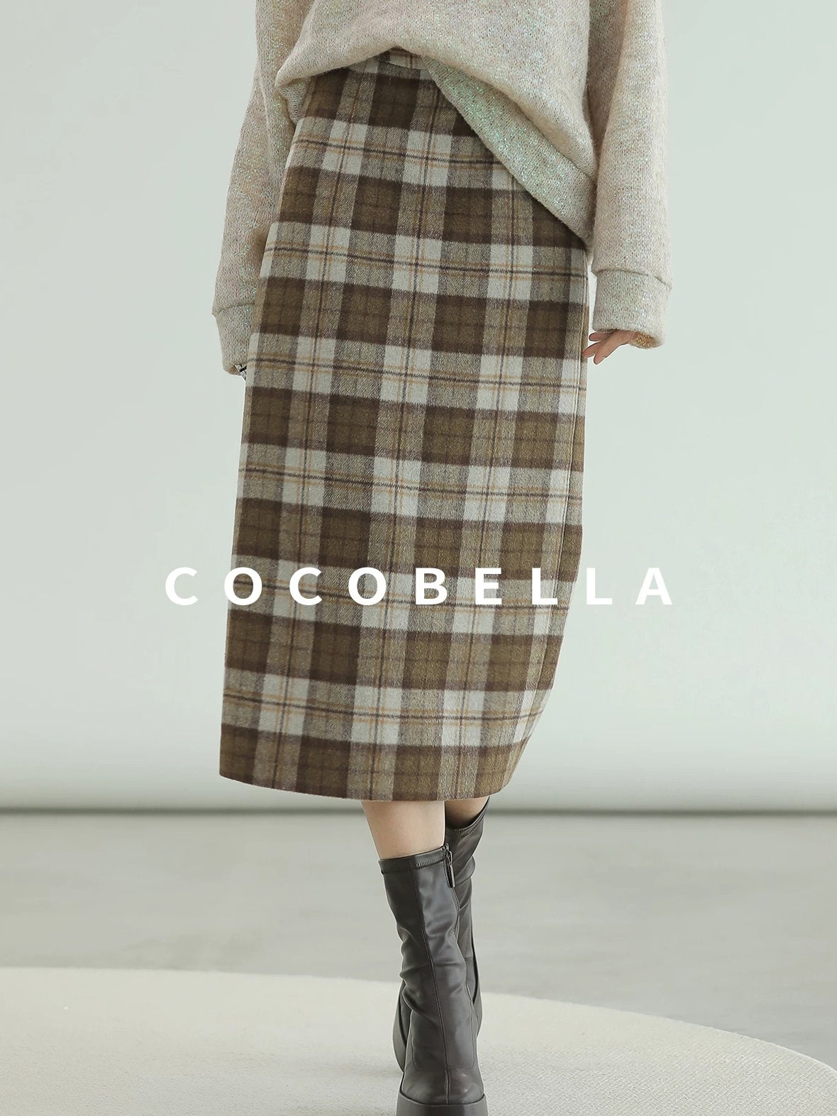 COCOBELLA Plaid High Waist Lined Patchwork Straight Ol Office Women Midi Wool Blend Skirts
