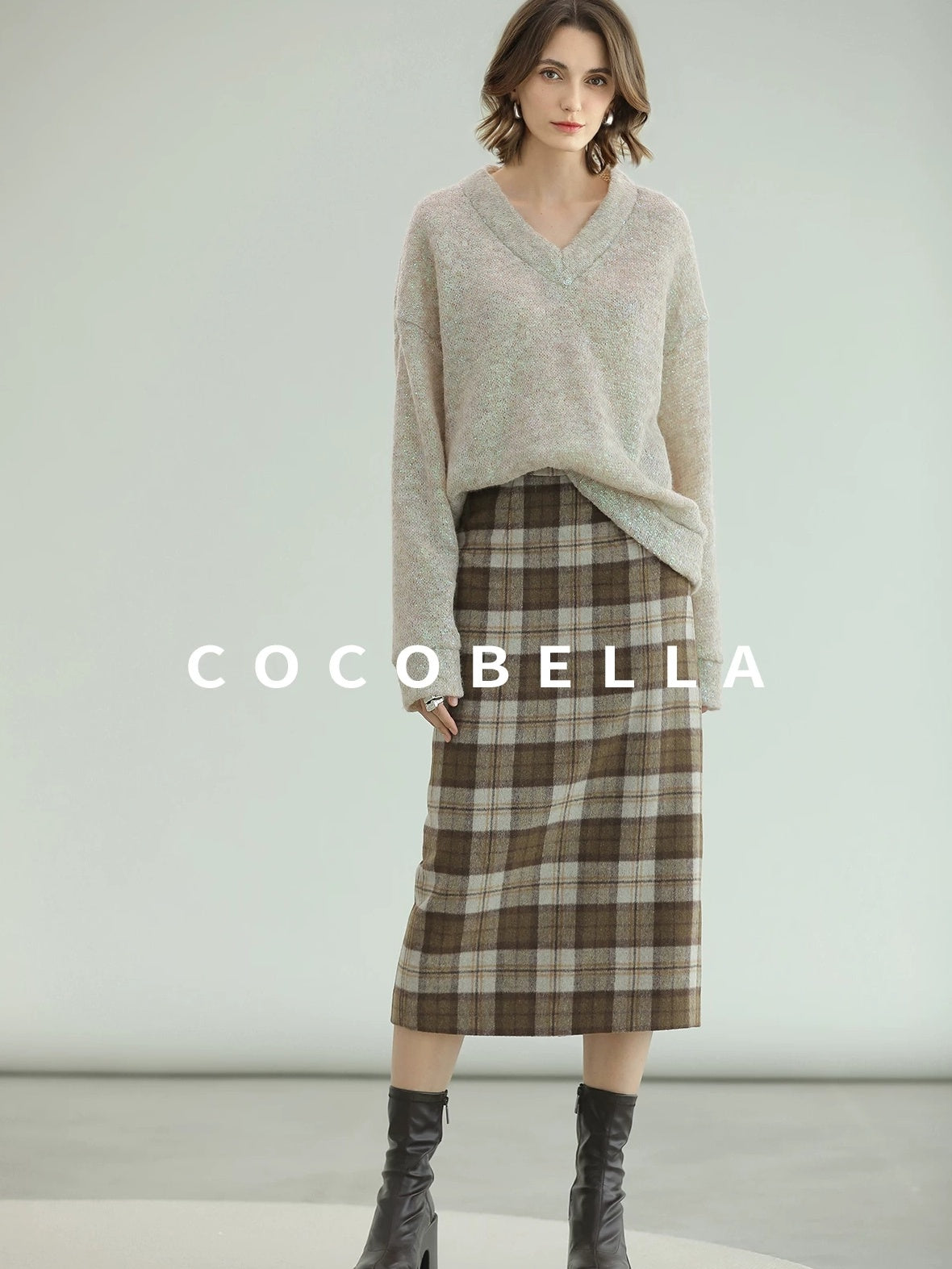 COCOBELLA Plaid High Waist Lined Patchwork Straight Ol Office Women Midi Wool Blend Skirts