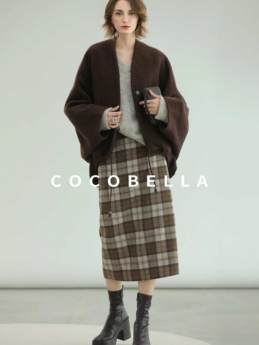 COCOBELLA Plaid High Waist Lined Patchwork Straight Ol Office Women Midi Wool Blend Skirts