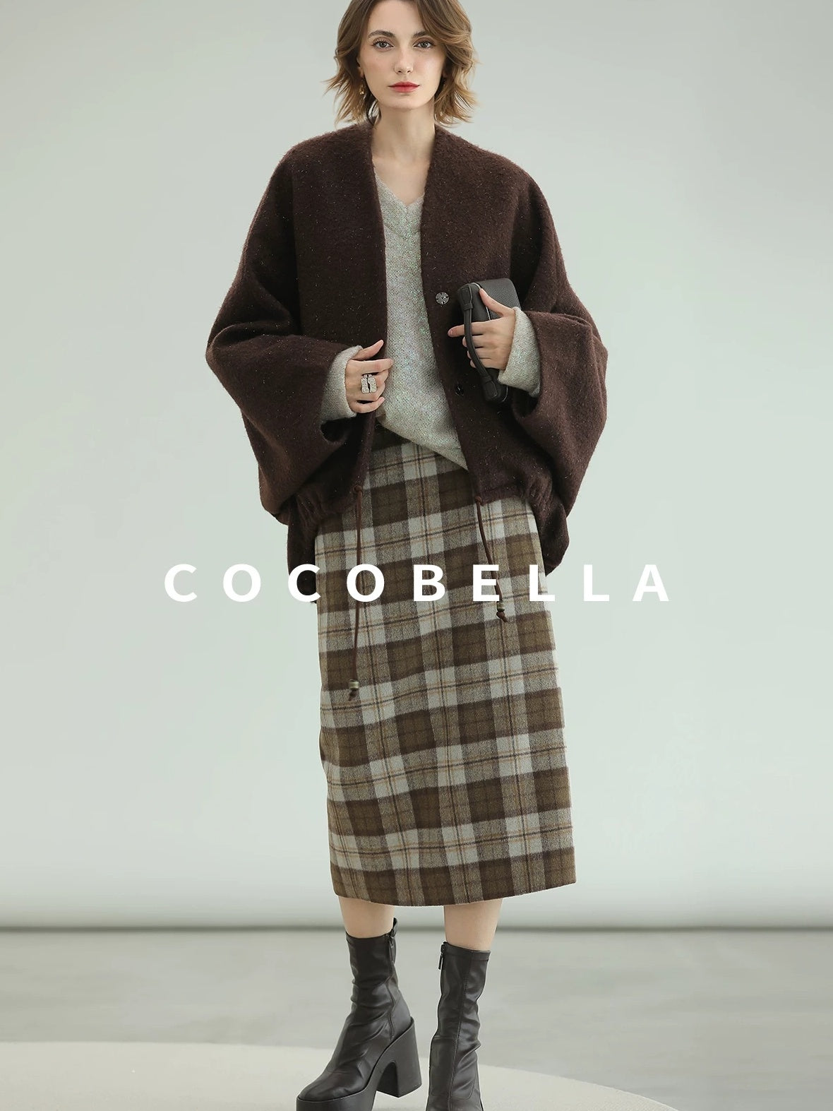 COCOBELLA Plaid High Waist Lined Patchwork Straight Ol Office Women Midi Wool Blend Skirts