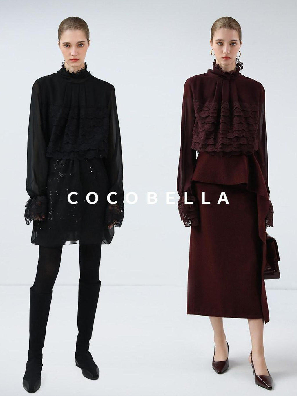 COCOBELLA Pleated Lace Patchwork French Straight Petal Sleeve Women Polyester T-Shirts