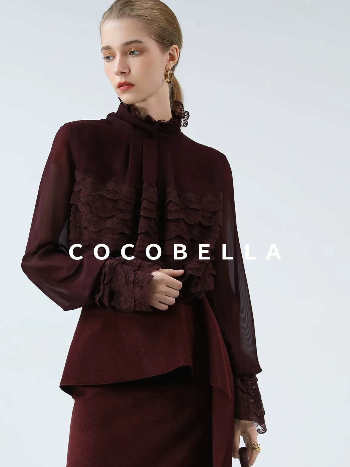 COCOBELLA Pleated Lace Patchwork French Straight Petal Sleeve Women Polyester T-Shirts