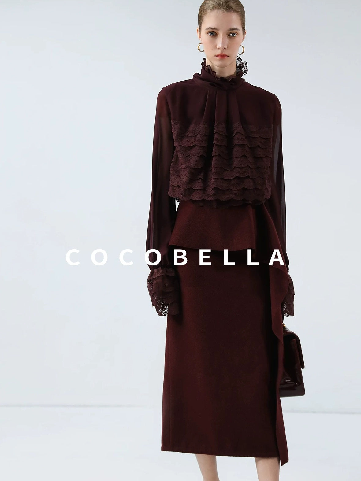 COCOBELLA Pleated Lace Patchwork French Straight Petal Sleeve Women Polyester T-Shirts