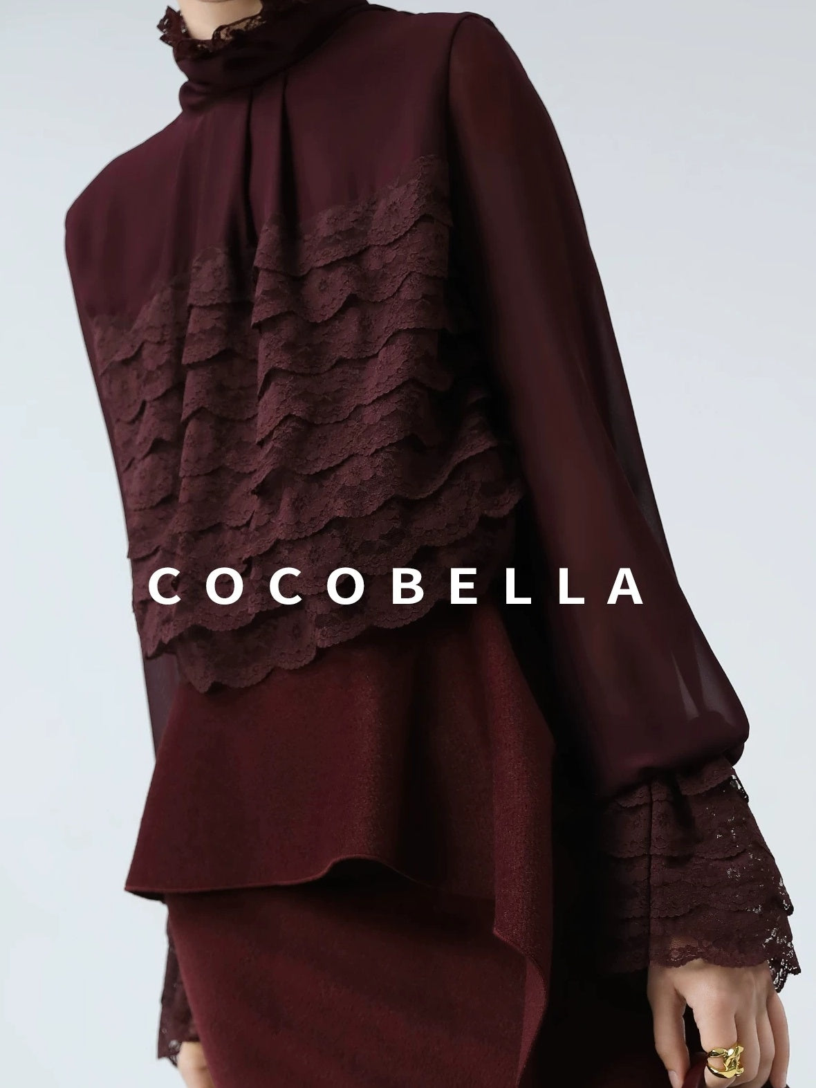 COCOBELLA Pleated Lace Patchwork French Straight Petal Sleeve Women Polyester T-Shirts