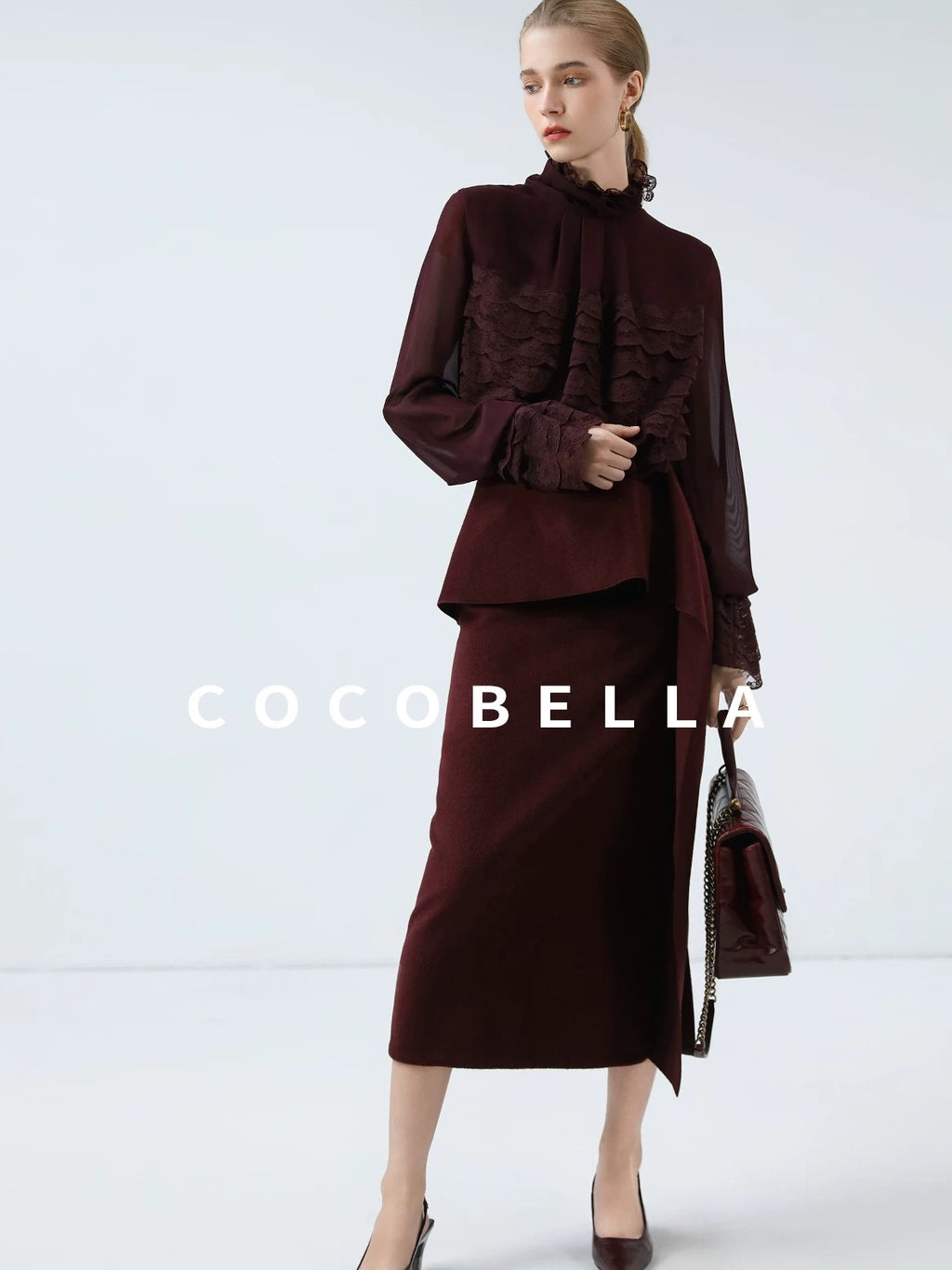 COCOBELLA Pleated Lace Patchwork French Straight Petal Sleeve Women Polyester T-Shirts