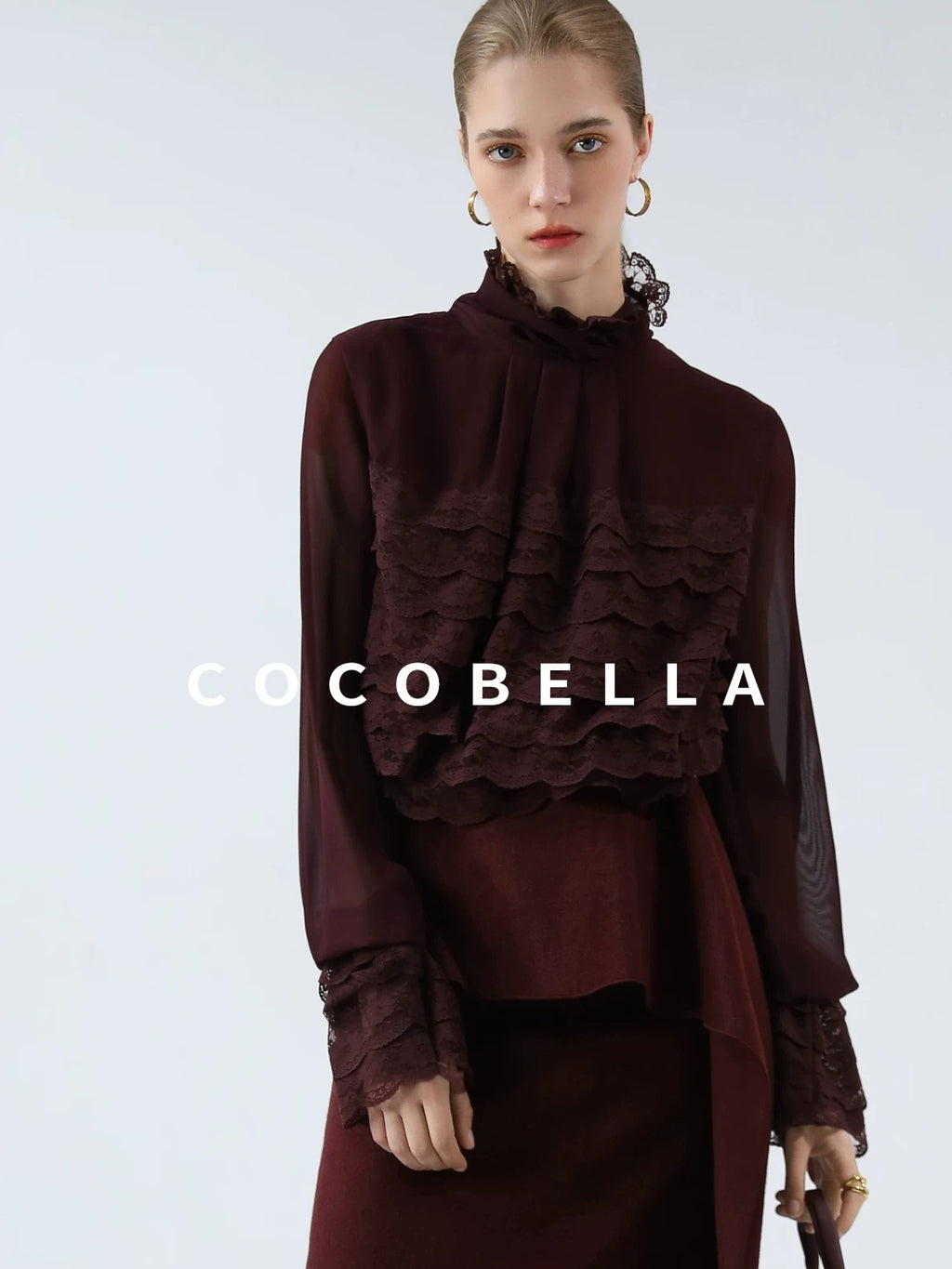 COCOBELLA Pleated Lace Patchwork French Straight Petal Sleeve Women Polyester T-Shirts