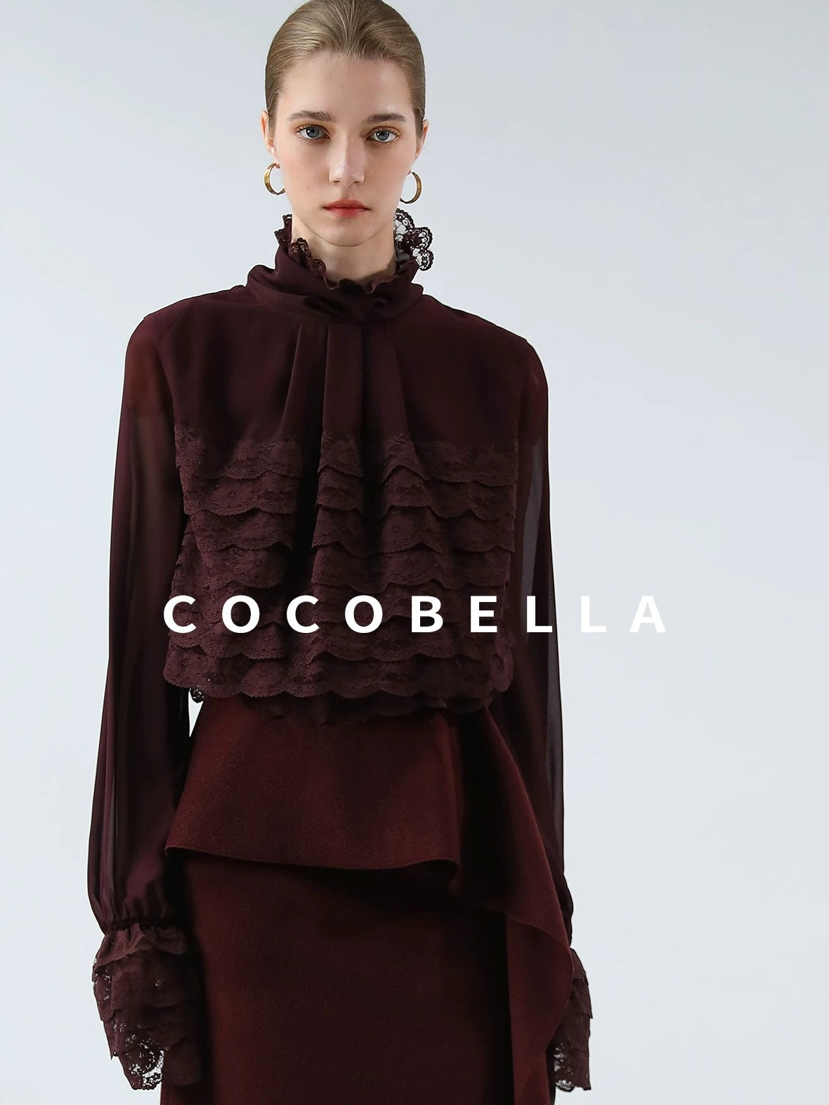 COCOBELLA Pleated Lace Patchwork French Straight Petal Sleeve Women Polyester T-Shirts