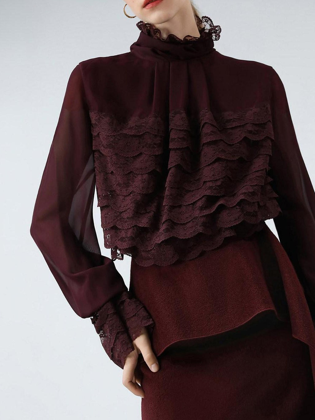 COCOBELLA Pleated Lace Patchwork French Straight Petal Sleeve Women Polyester T-Shirts