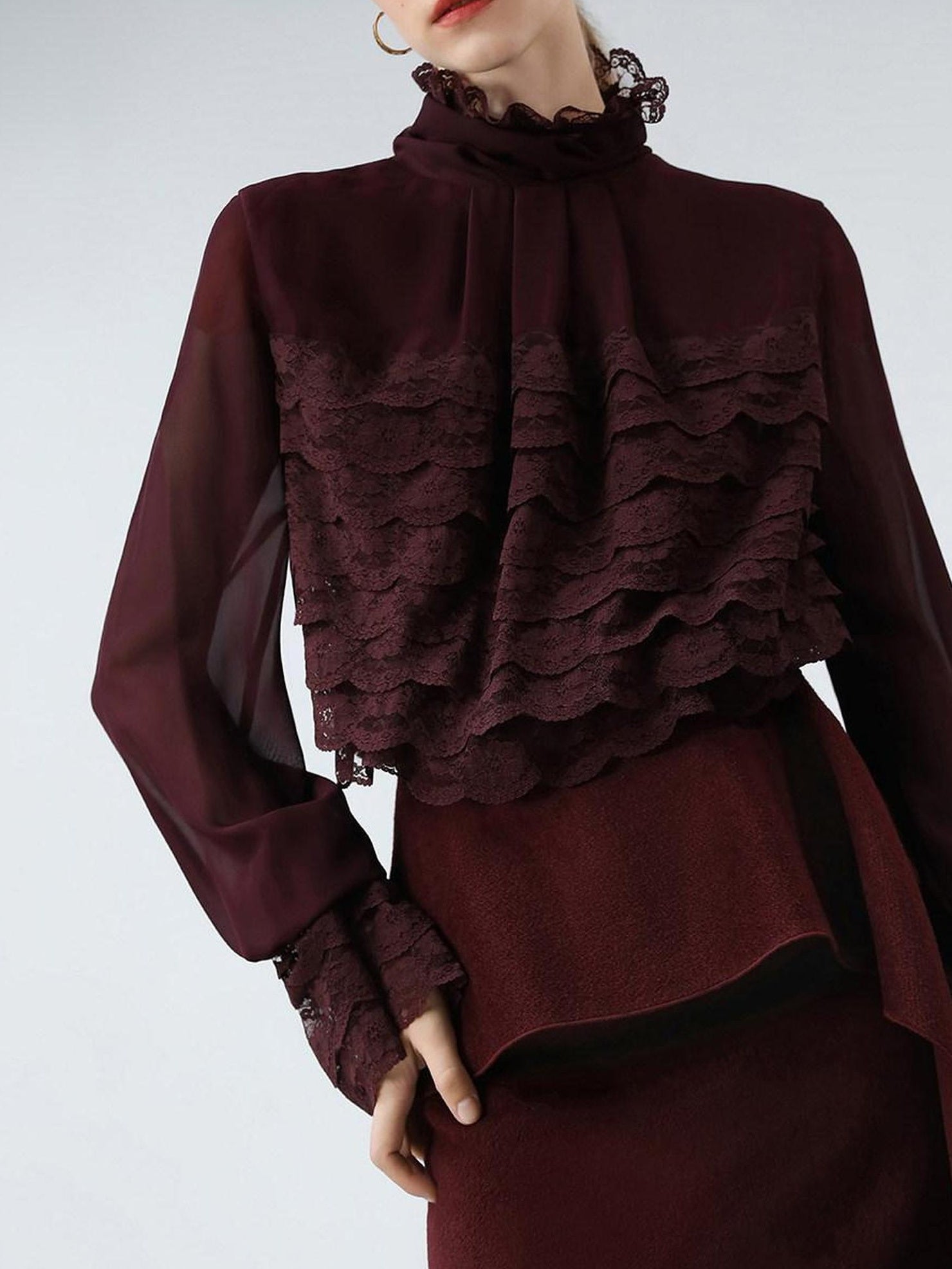 COCOBELLA Pleated Lace Patchwork French Straight Petal Sleeve Women Polyester T-Shirts