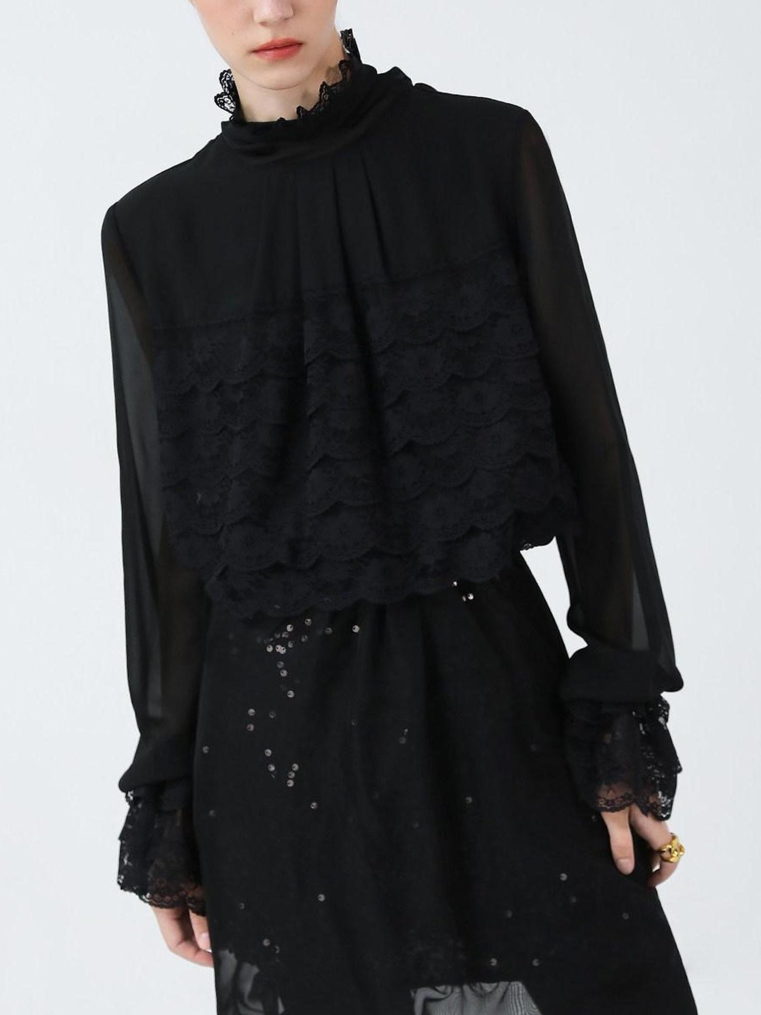 COCOBELLA Pleated Lace Patchwork French Straight Petal Sleeve Women Polyester T-Shirts