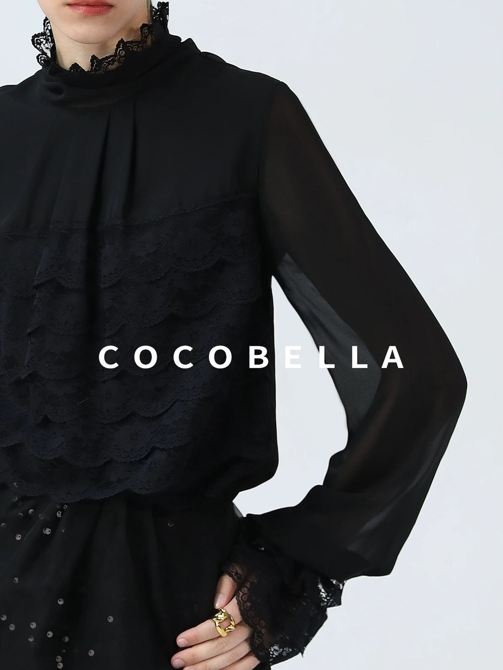 COCOBELLA Pleated Lace Patchwork French Straight Petal Sleeve Women Polyester T-Shirts