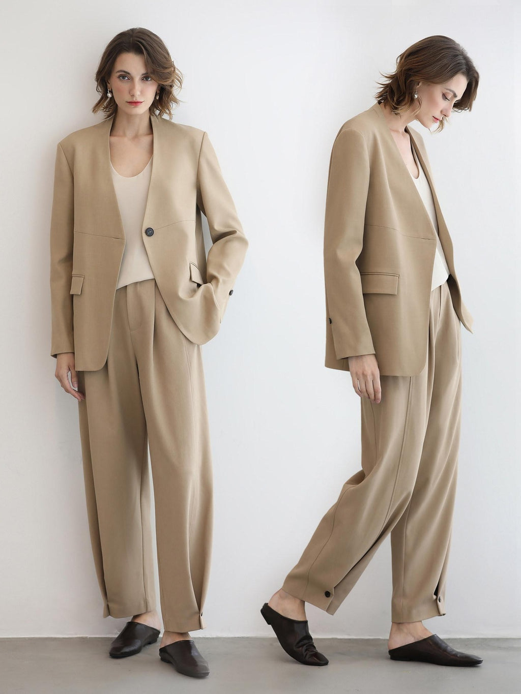 COCOBELLA Pleated Minimal Harem Tapered Natural Waist Office Ol Ladies Khaki Pants