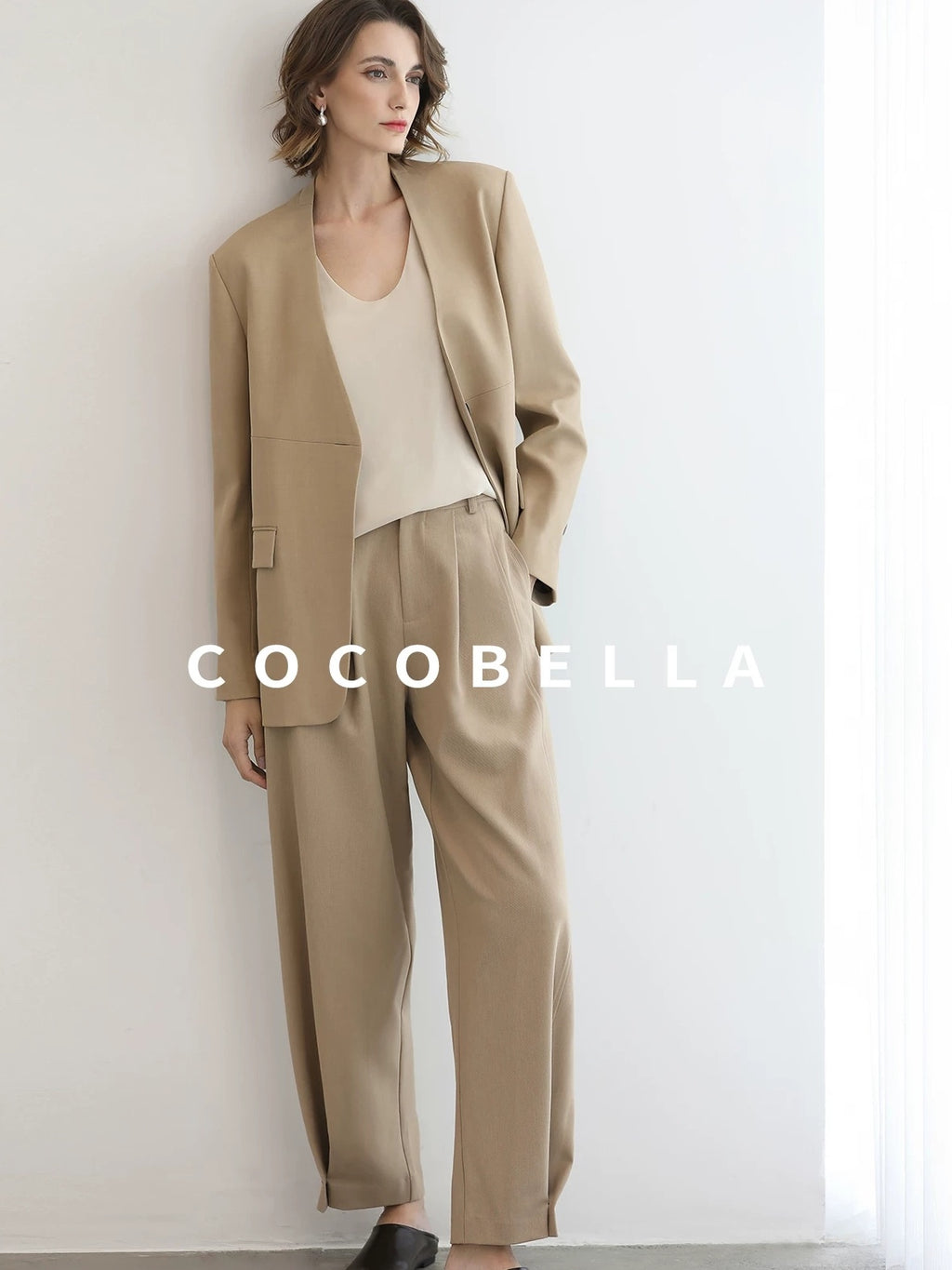 COCOBELLA Pleated Minimal Harem Tapered Natural Waist Office Ol Ladies Khaki Pants