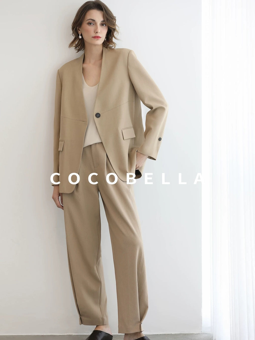 COCOBELLA Pleated Minimal Harem Tapered Natural Waist Office Ol Ladies Khaki Pants