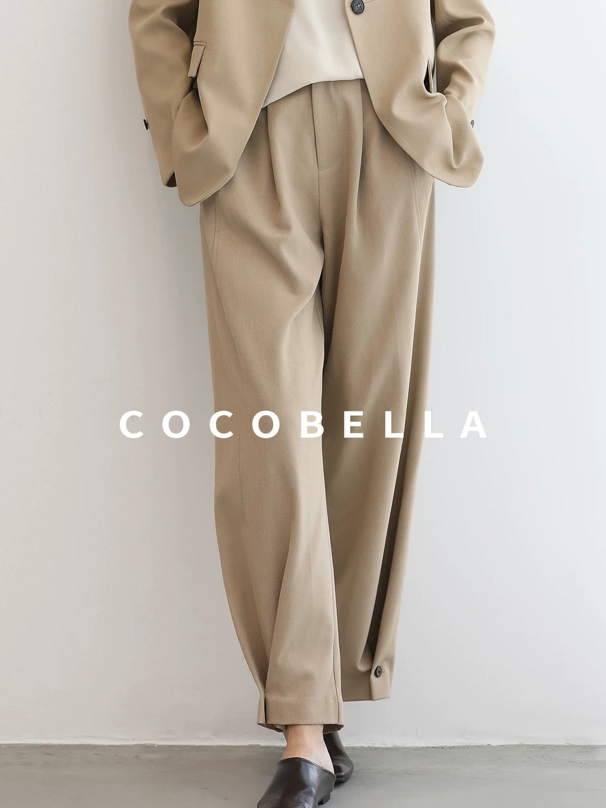 COCOBELLA Pleated Minimal Harem Tapered Natural Waist Office Ol Ladies Khaki Pants