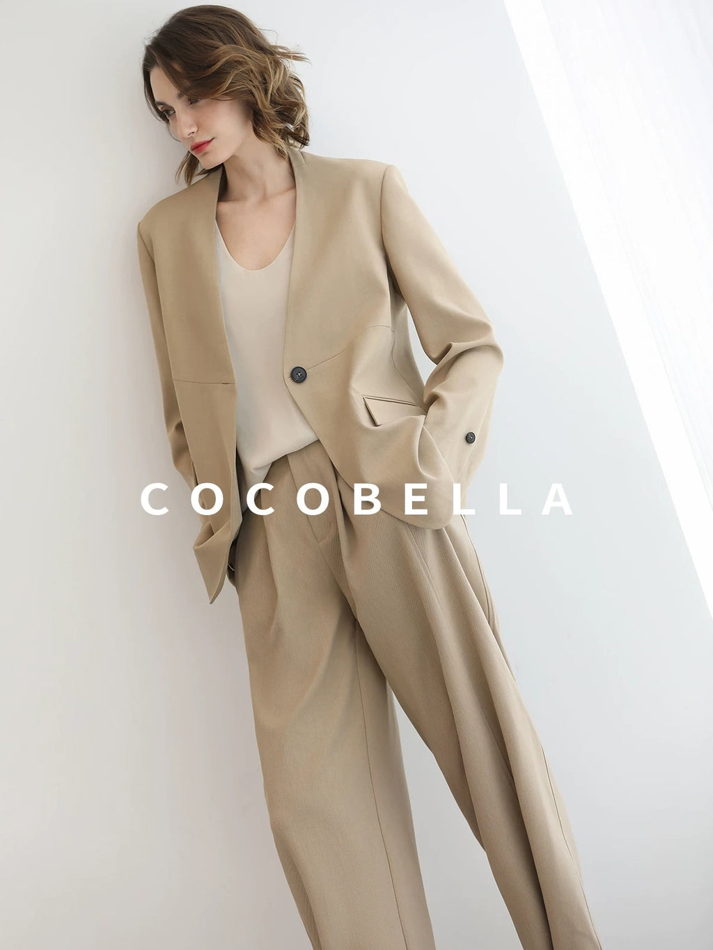 COCOBELLA Pleated Minimal Harem Tapered Natural Waist Office Ol Ladies Khaki Pants