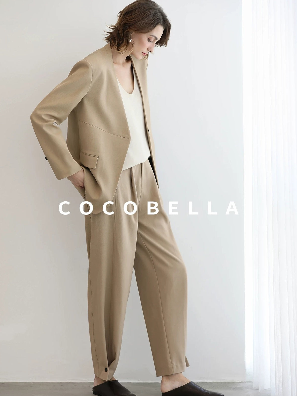 COCOBELLA Pleated Minimal Harem Tapered Natural Waist Office Ol Ladies Khaki Pants