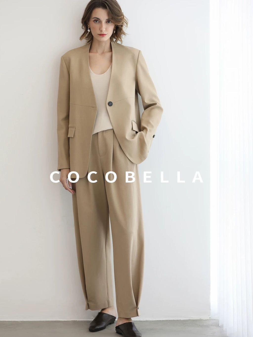 COCOBELLA Pleated Minimal Harem Tapered Natural Waist Office Ol Ladies Khaki Pants