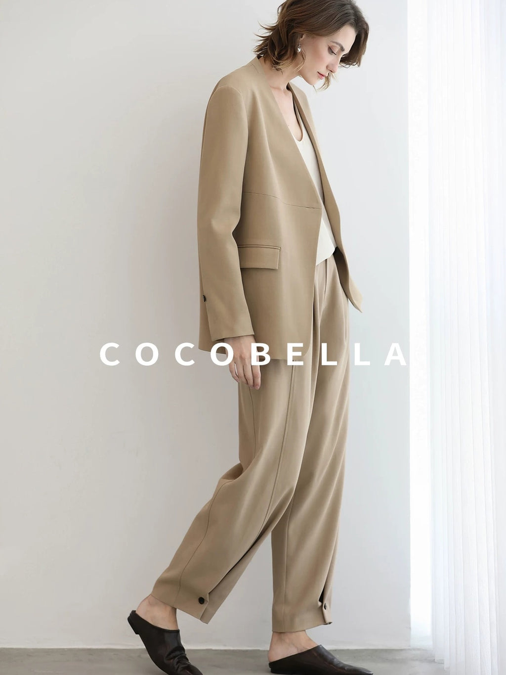 COCOBELLA Pleated Minimal Harem Tapered Natural Waist Office Ol Ladies Khaki Pants