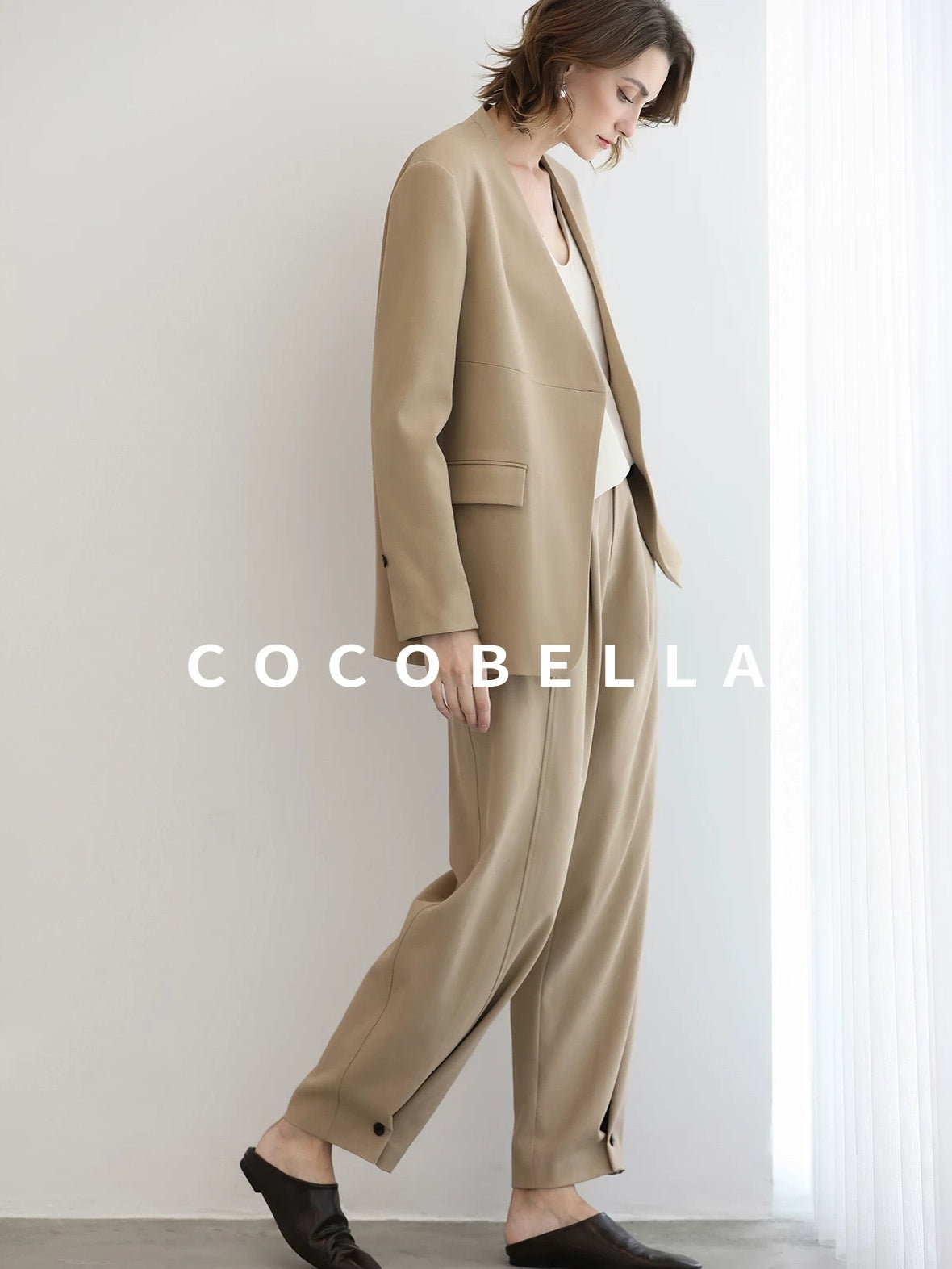 COCOBELLA Pleated Minimal Harem Tapered Natural Waist Office Ol Ladies Khaki Pants