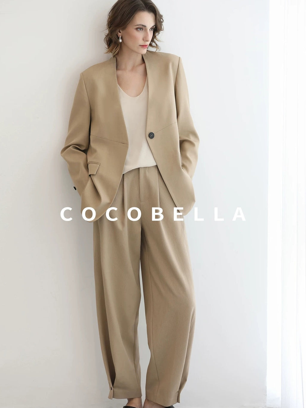 COCOBELLA Pleated Minimal Harem Tapered Natural Waist Office Ol Ladies Khaki Pants