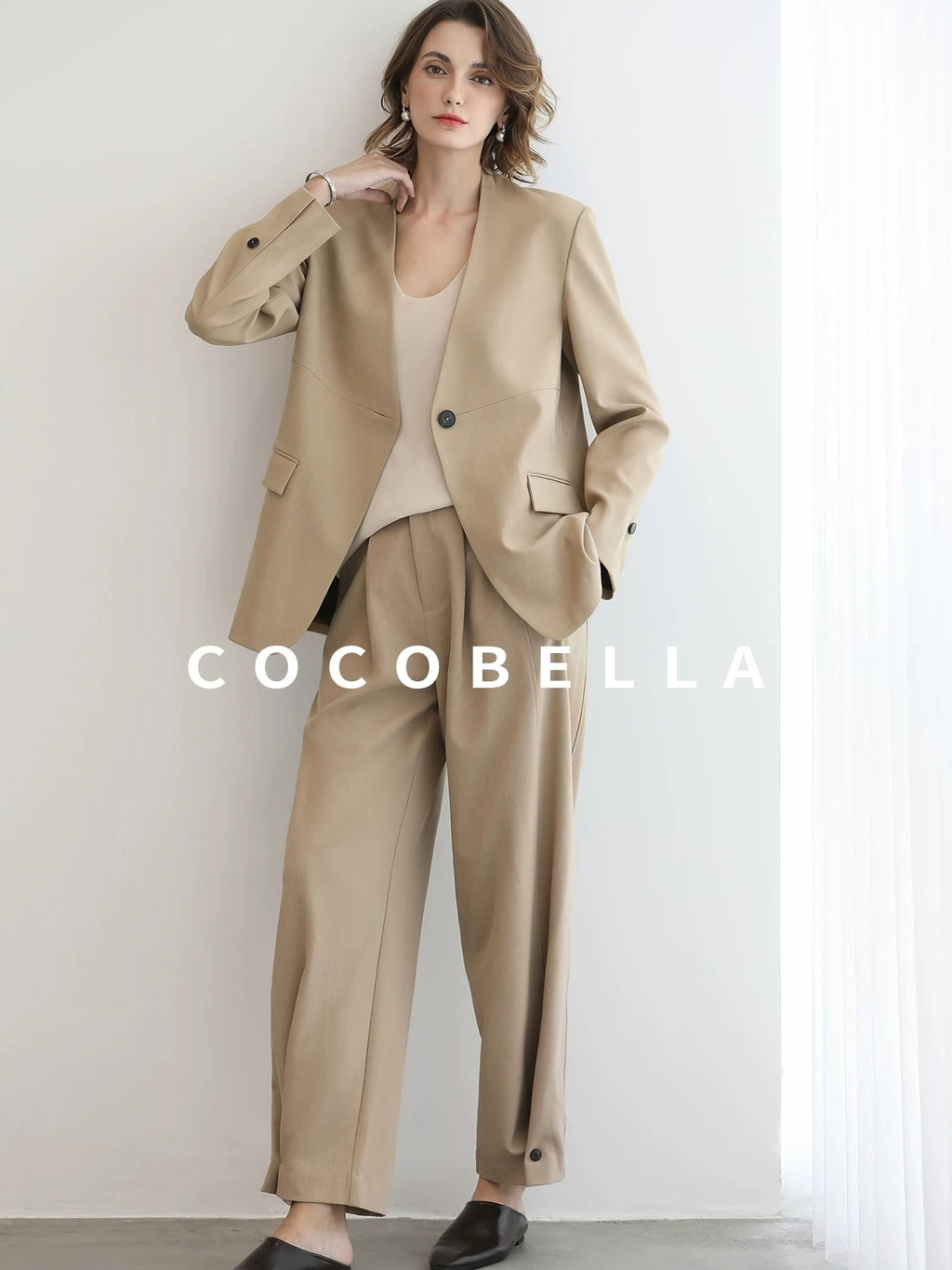 COCOBELLA Pleated Minimal Harem Tapered Natural Waist Office Ol Ladies Khaki Pants