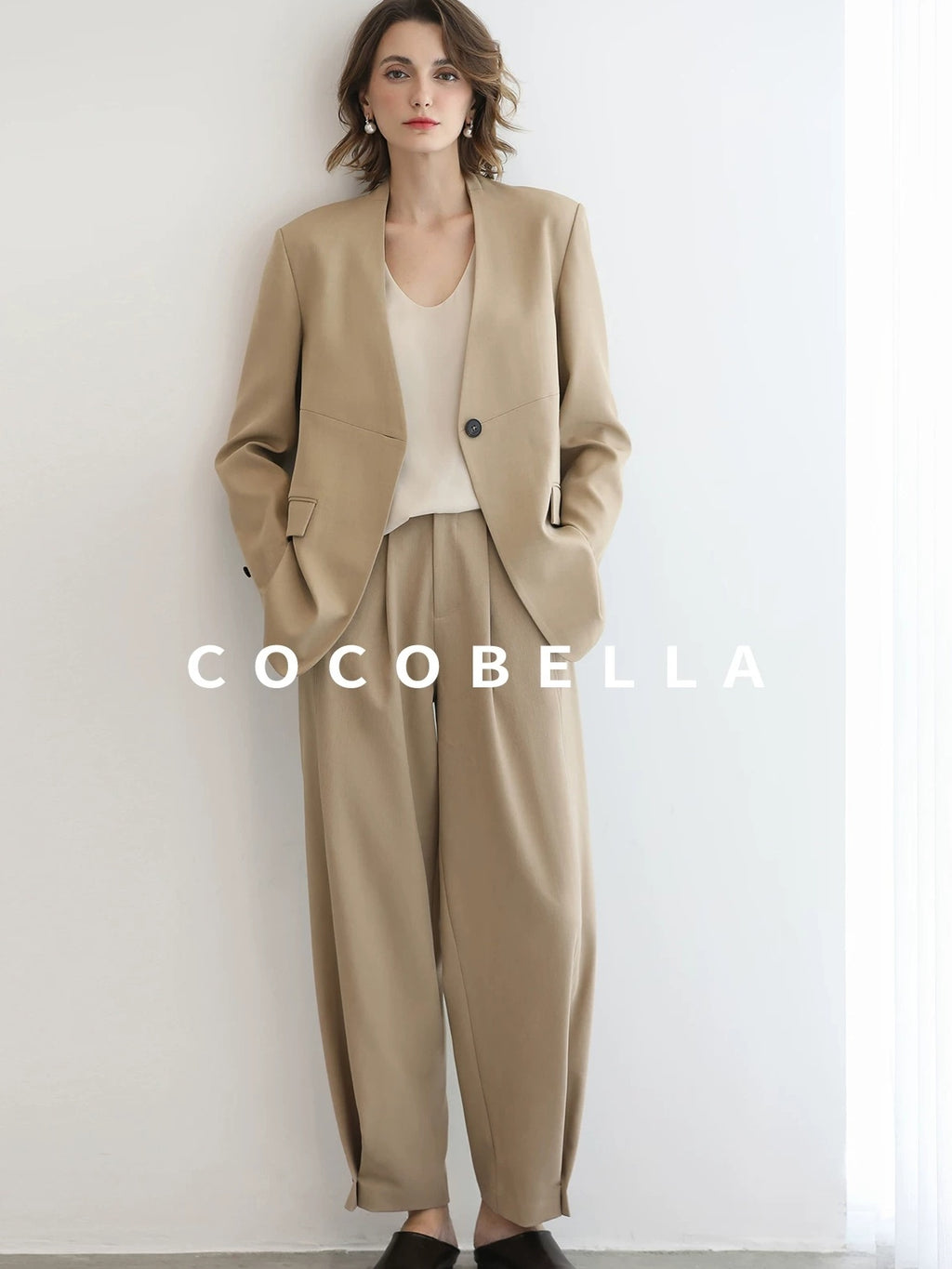 COCOBELLA Pleated Minimal Harem Tapered Natural Waist Office Ol Ladies Khaki Pants