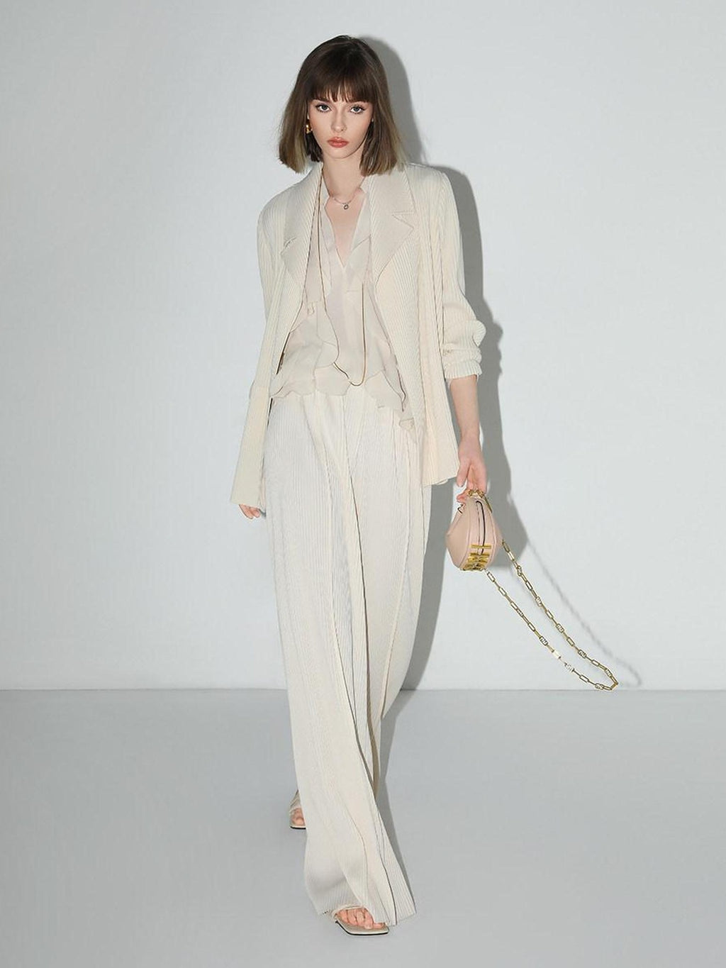 COCOBELLA Pleated Minimalist Office Natural Waist Loose Wide Leg Polyester Pants