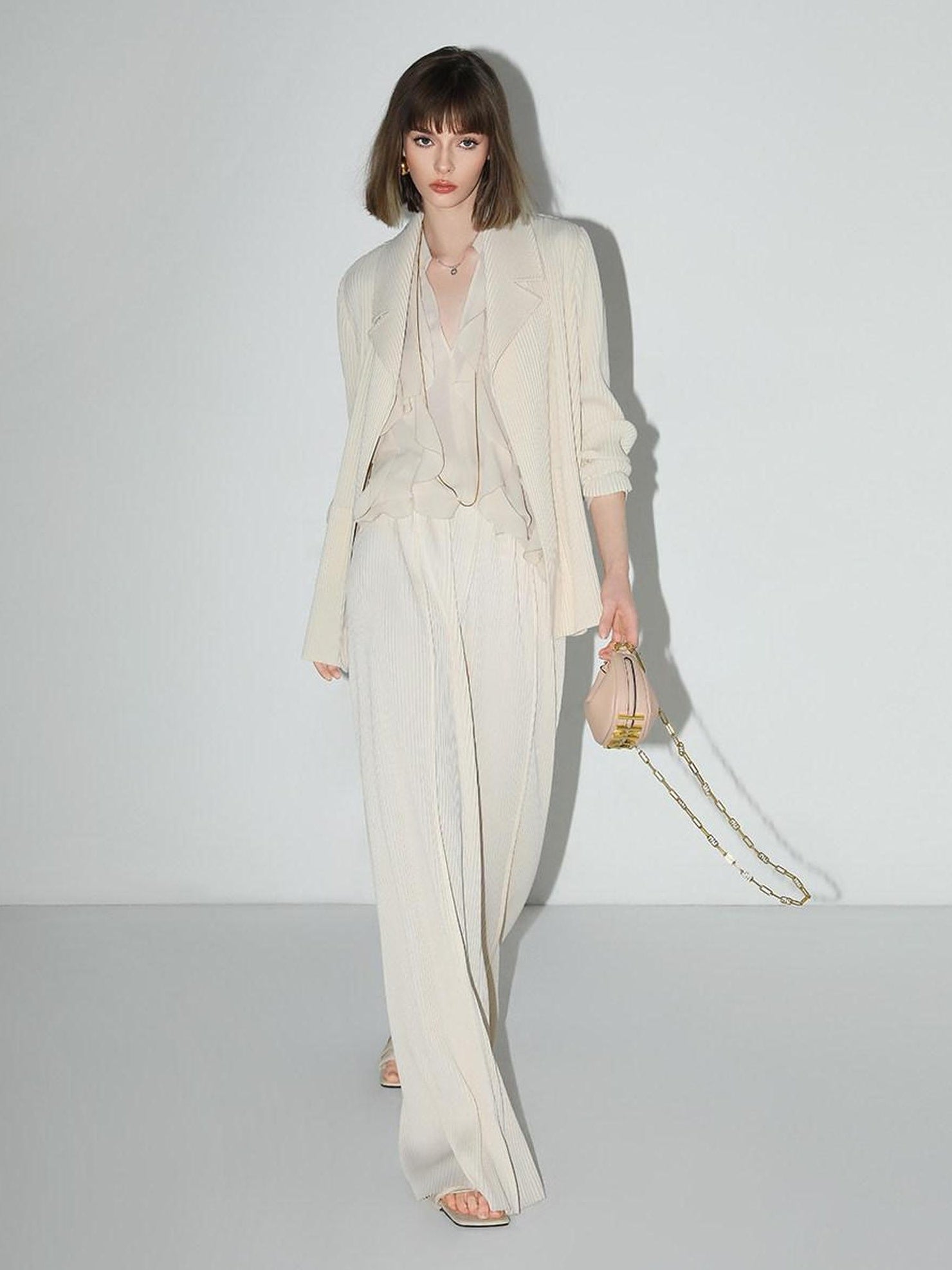 COCOBELLA Pleated Minimalist Office Natural Waist Loose Wide Leg Polyester Pants