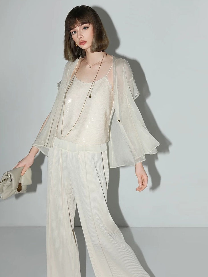 COCOBELLA Pleated Minimalist Office Natural Waist Loose Wide Leg Polyester Pants