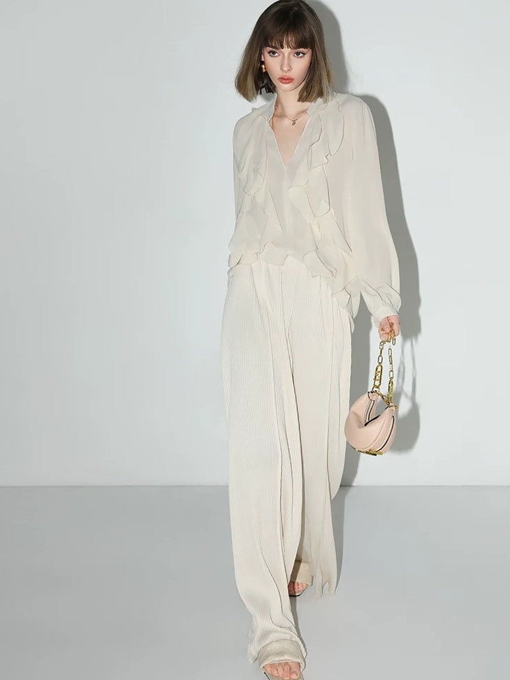 COCOBELLA Pleated Minimalist Office Natural Waist Loose Wide Leg Polyester Pants