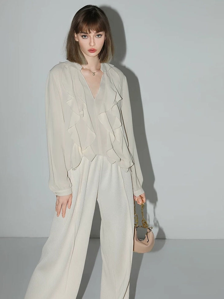 COCOBELLA Pleated Minimalist Office Natural Waist Loose Wide Leg Polyester Pants