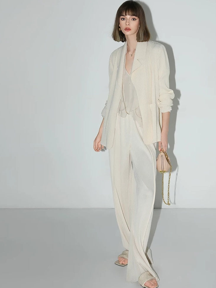 COCOBELLA Pleated Minimalist Office Natural Waist Loose Wide Leg Polyester Pants