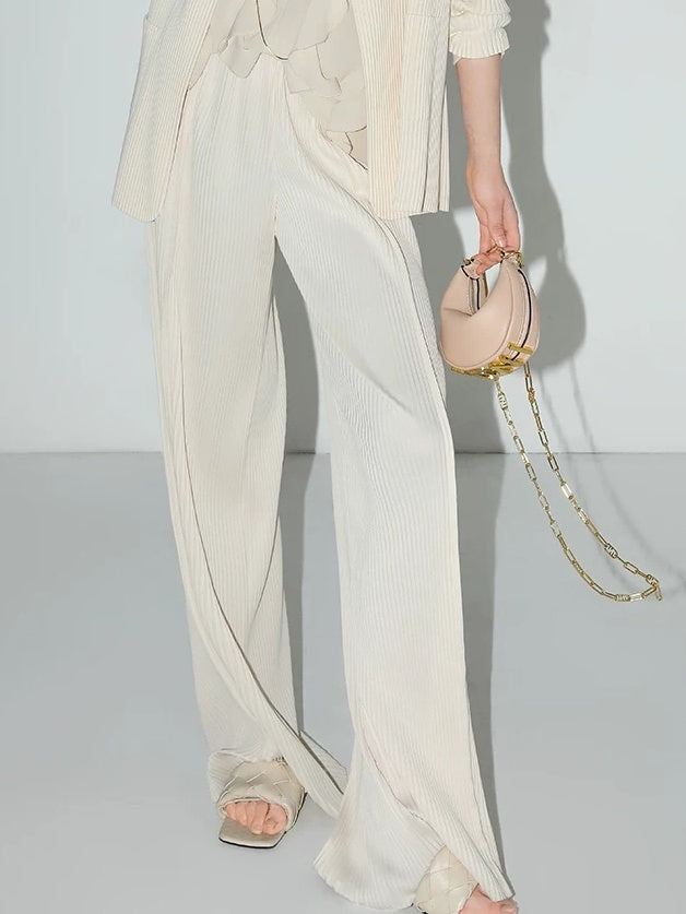 COCOBELLA Pleated Minimalist Office Natural Waist Loose Wide Leg Polyester Pants