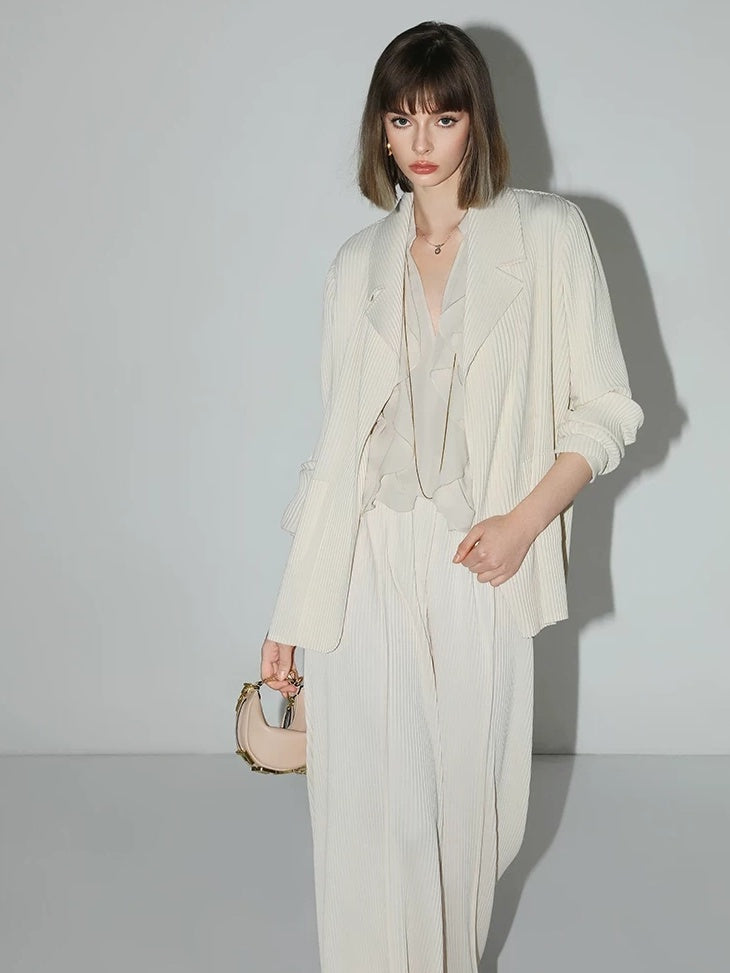 COCOBELLA Pleated Minimalist Office Natural Waist Loose Wide Leg Polyester Pants