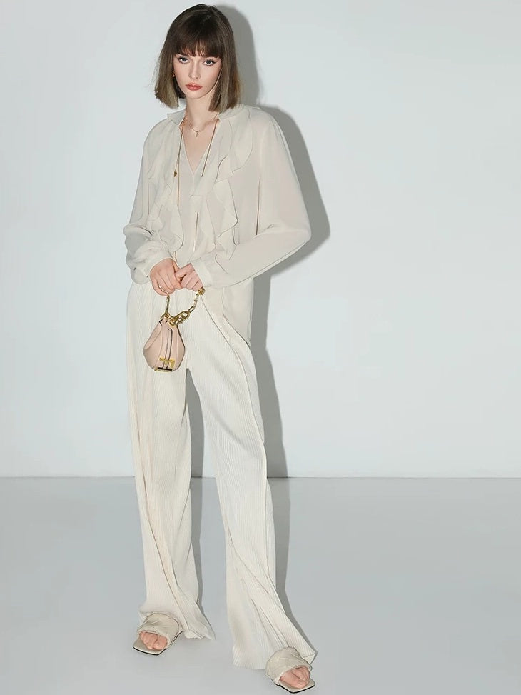 COCOBELLA Pleated Minimalist Office Natural Waist Loose Wide Leg Polyester Pants