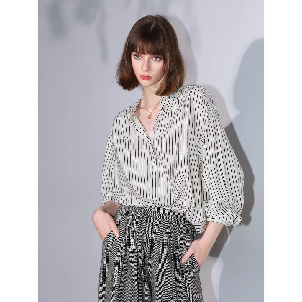 COCOBELLA_Pleated_Striped_Stand_Collar_Straight_Fit_Long_Sleeve_Button_Commuter_Shirts_MISSTT